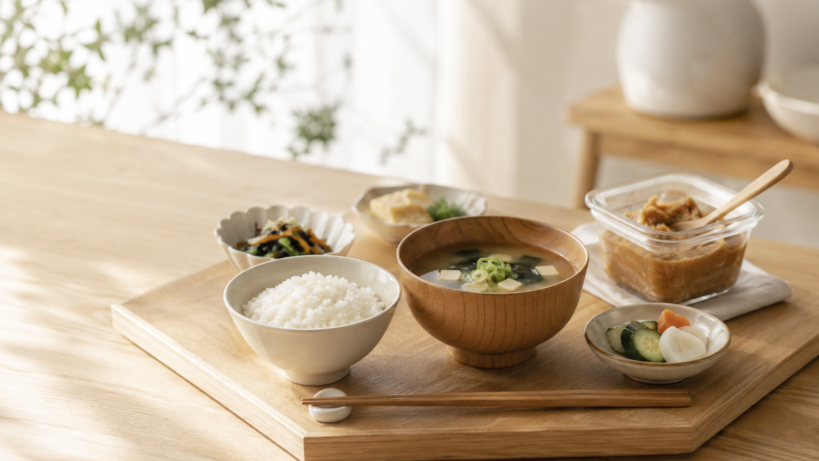 味噌汁とご飯のある和の食卓